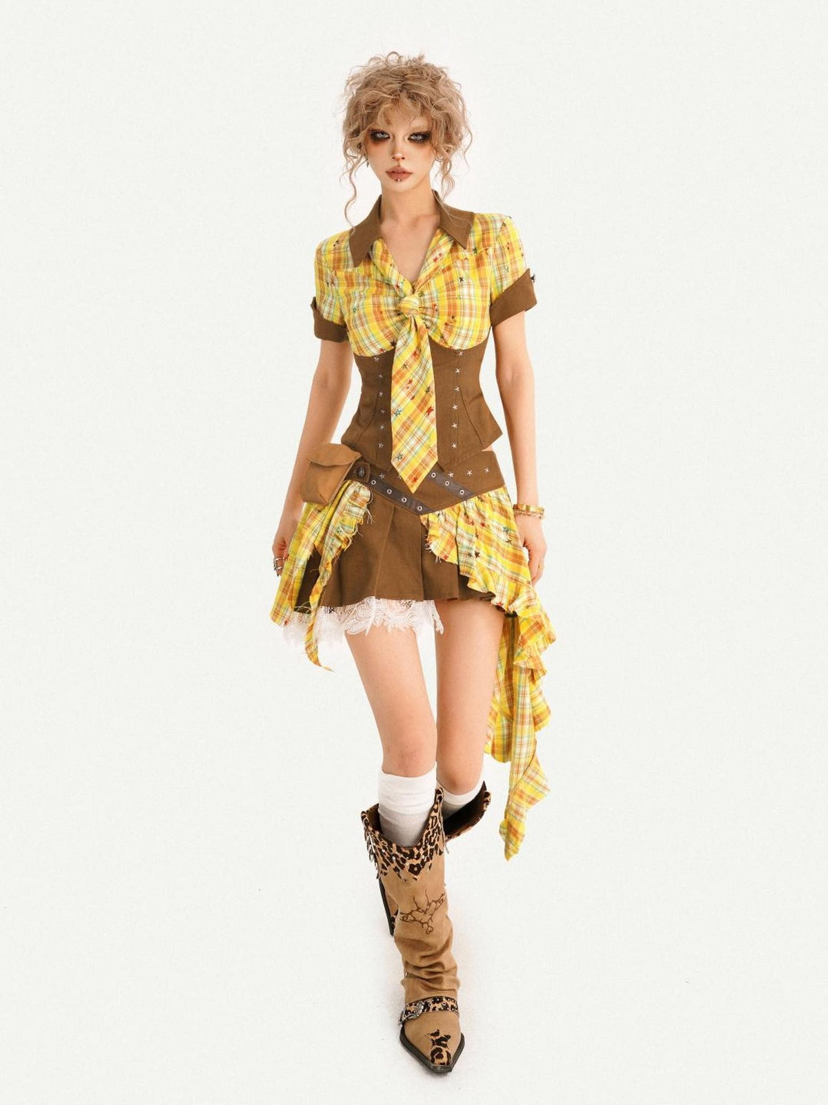 Nico Molly Vintage Plaid Patchwork Pleated High Waist Shirt Women&