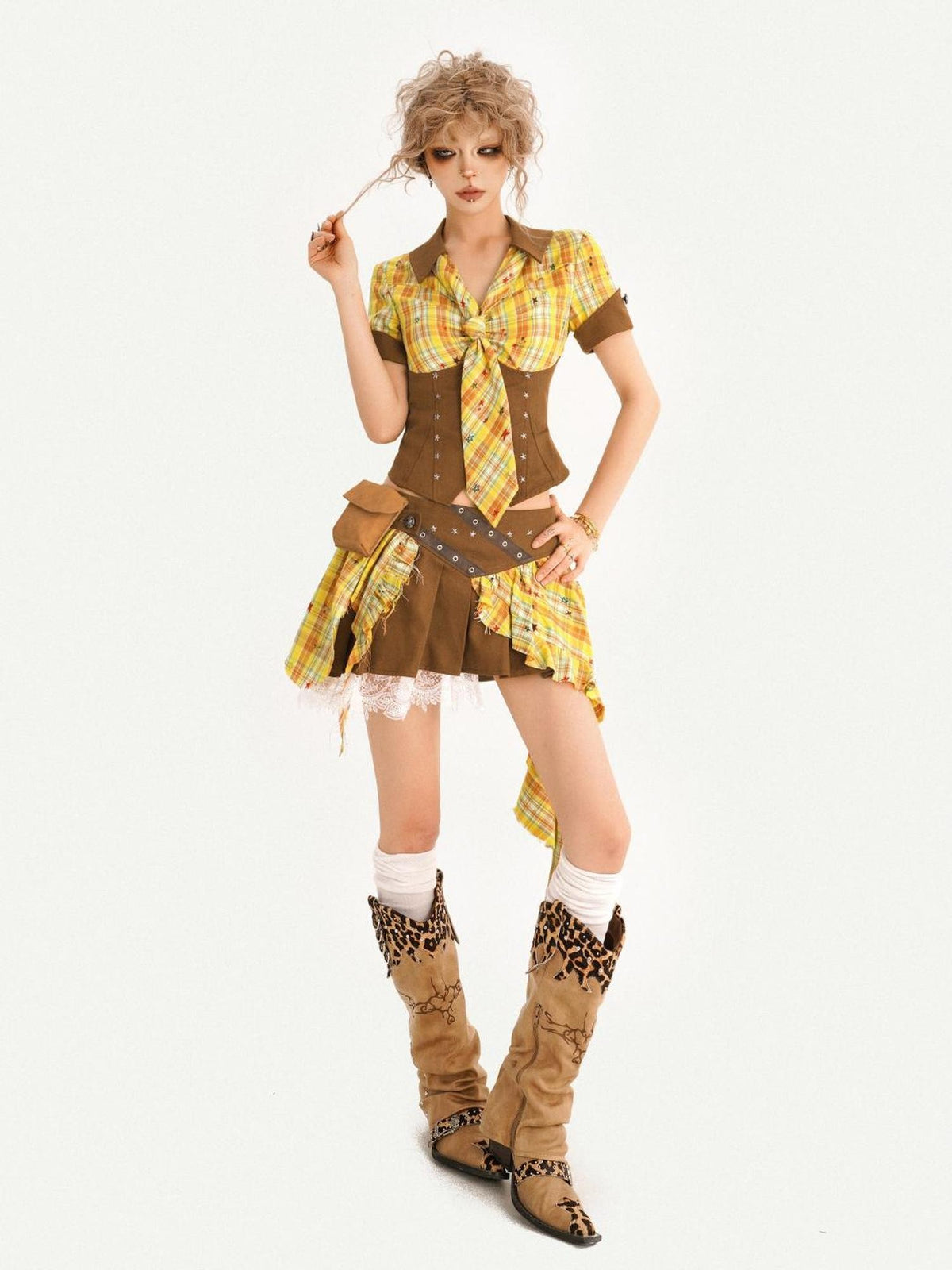 Nico Molly Vintage Plaid Patchwork Pleated High Waist Shirt Women&