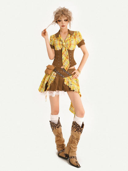 Nico Molly Vintage Plaid Patchwork Pleated High Waist Shirt Women&