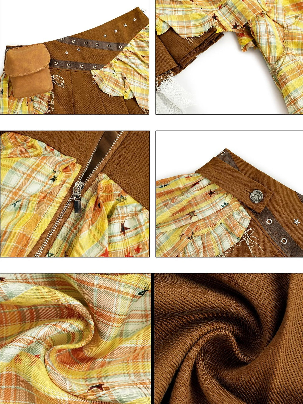 Nico Molly Vintage Plaid Patchwork Pleated High Waist Shirt Women&
