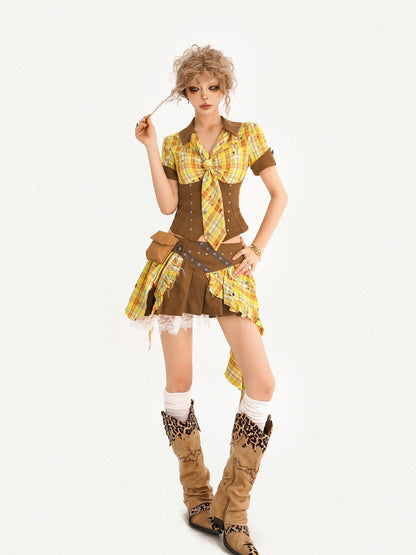 Nico Molly Vintage Plaid Patchwork Pleated High Waist Shirt Women&
