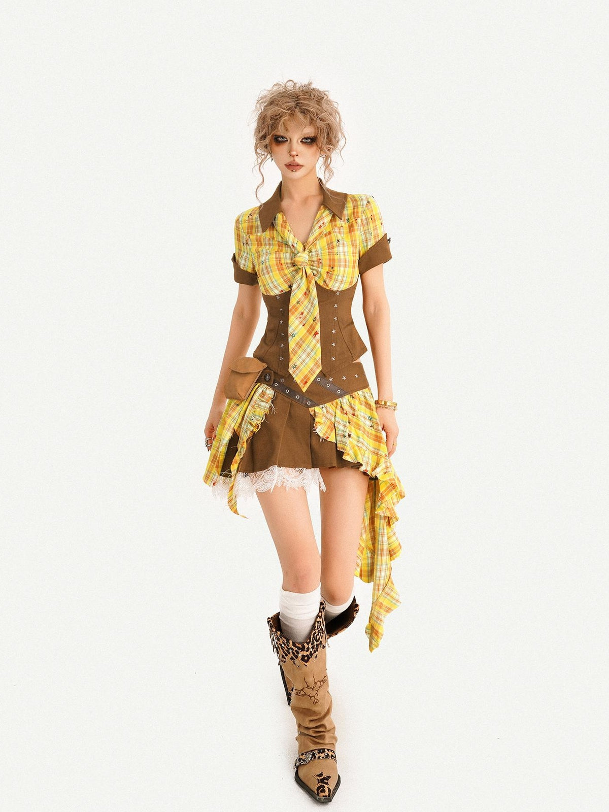 Nico Molly Vintage Plaid Patchwork Pleated High Waist Shirt Women&