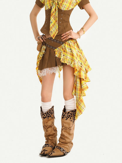 Nico Molly Vintage Plaid Patchwork Pleated High Waist Shirt Women&