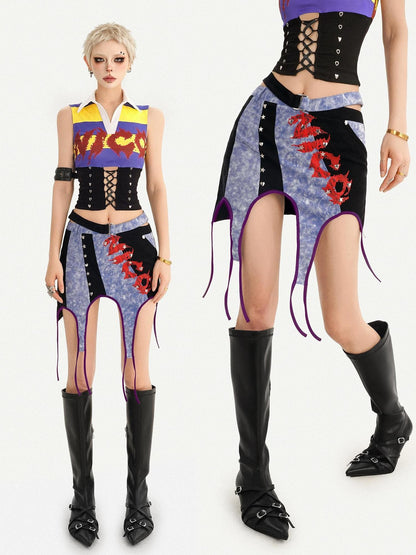 Nico Molly Vintage Plaid Punk Asymmetrical Patchwork Low Waist Women&