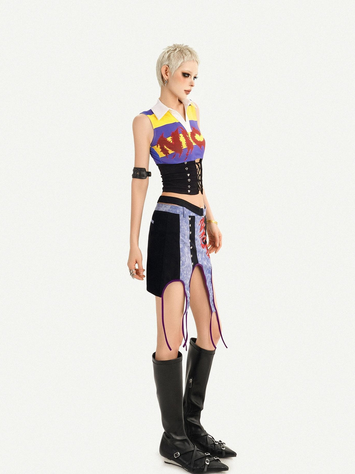 Nico Molly Vintage Plaid Punk Asymmetrical Patchwork Low Waist Women&