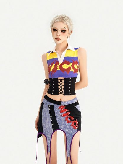 Nico Molly Vintage Plaid Punk Asymmetrical Patchwork Low Waist Women&