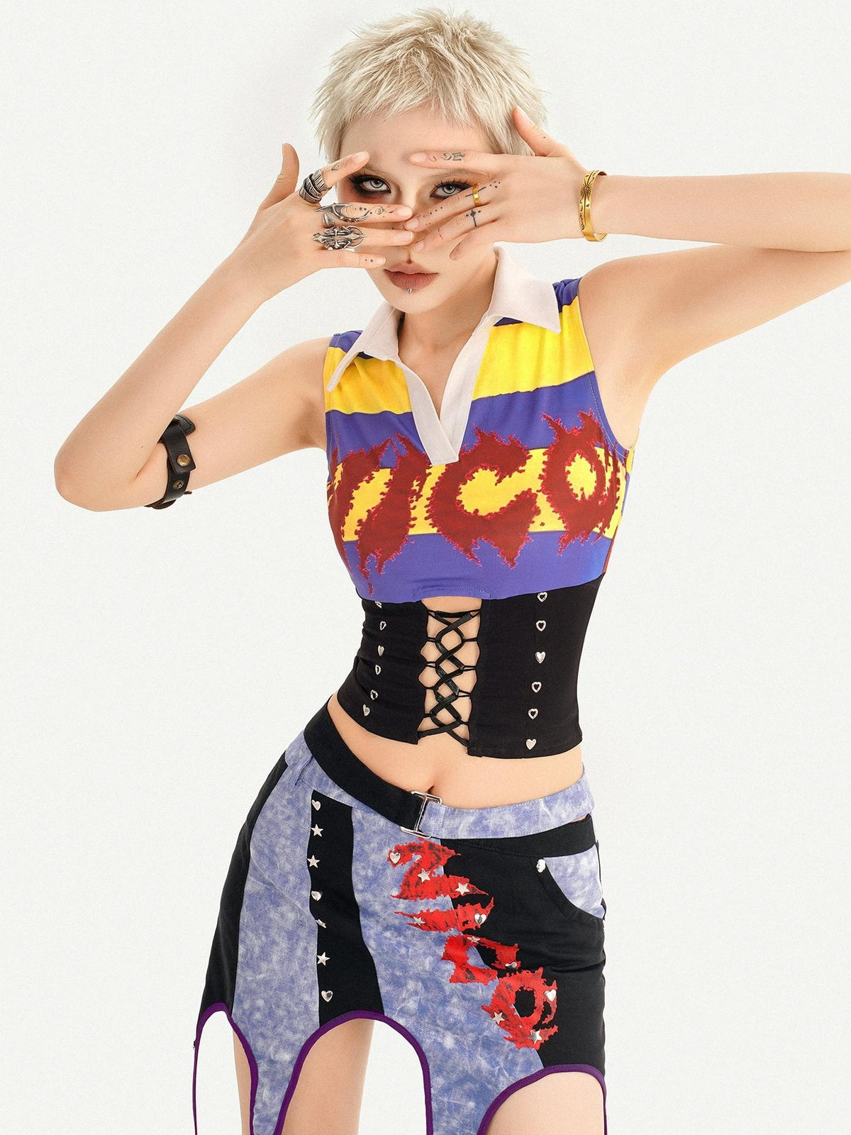 Nico Molly Vintage Plaid Punk Asymmetrical Patchwork Low Waist Women&