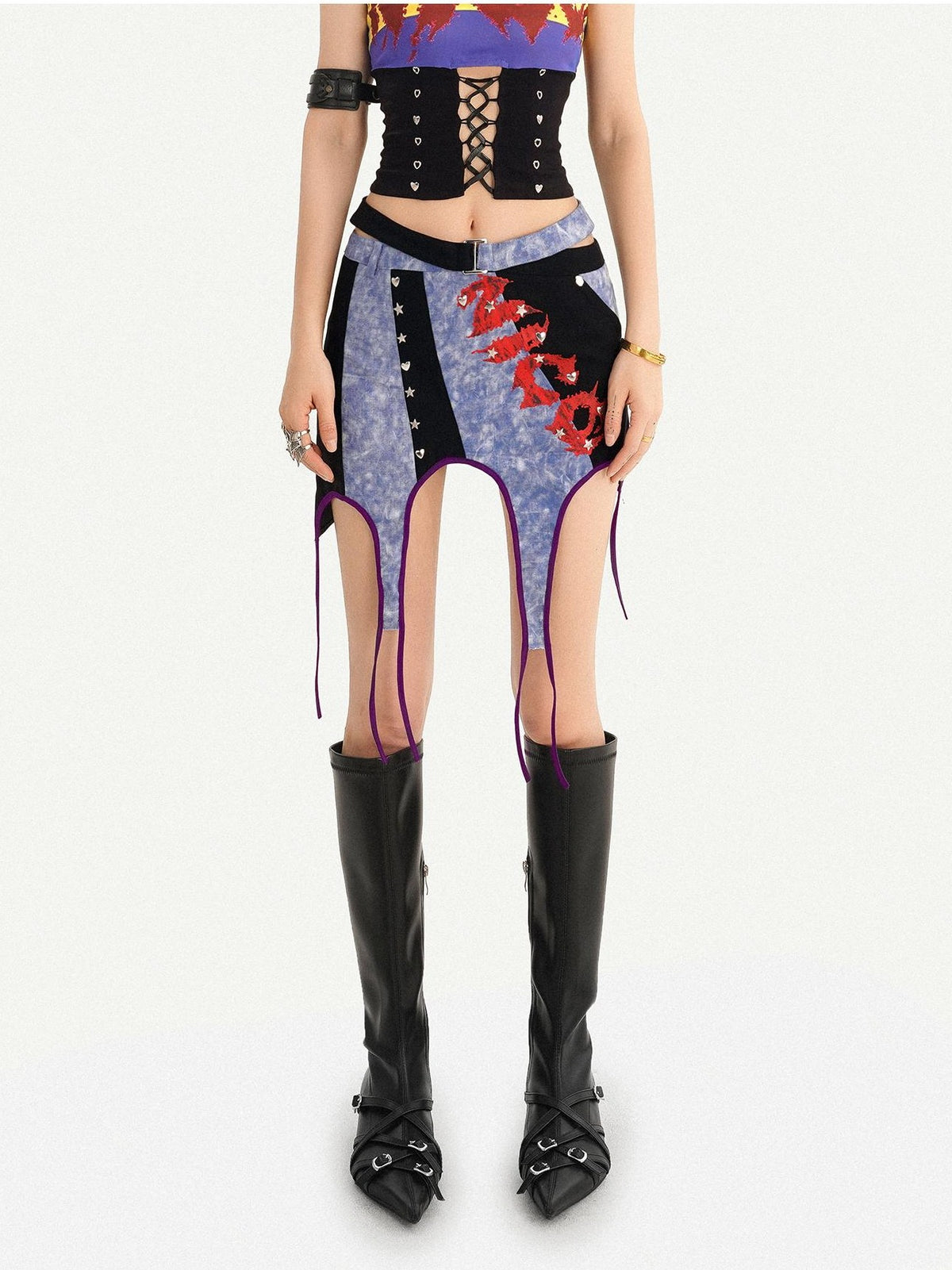 Nico Molly Vintage Plaid Punk Asymmetrical Patchwork Low Waist Women&