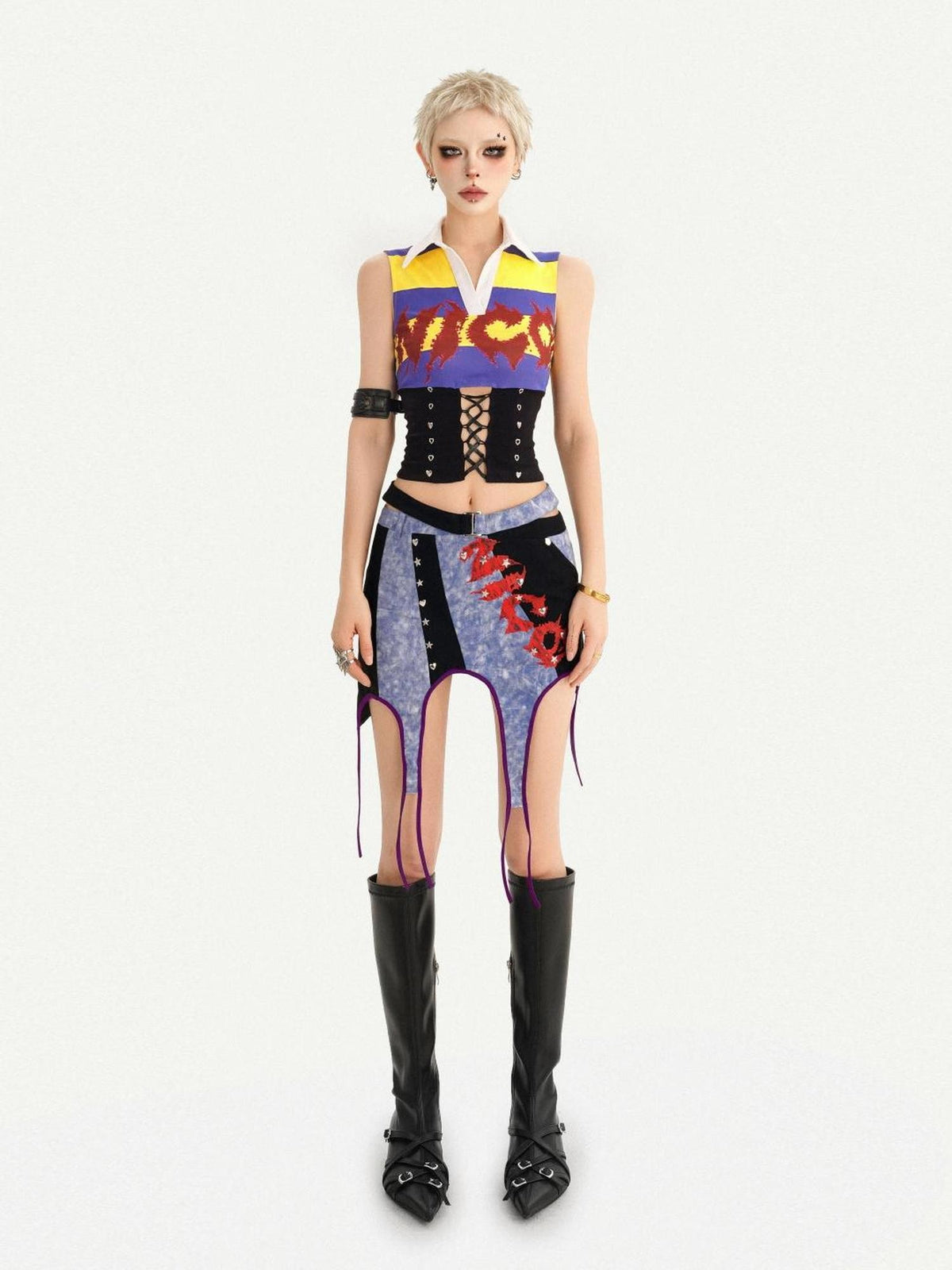 Nico Molly Vintage Plaid Punk Asymmetrical Patchwork Low Waist Women&
