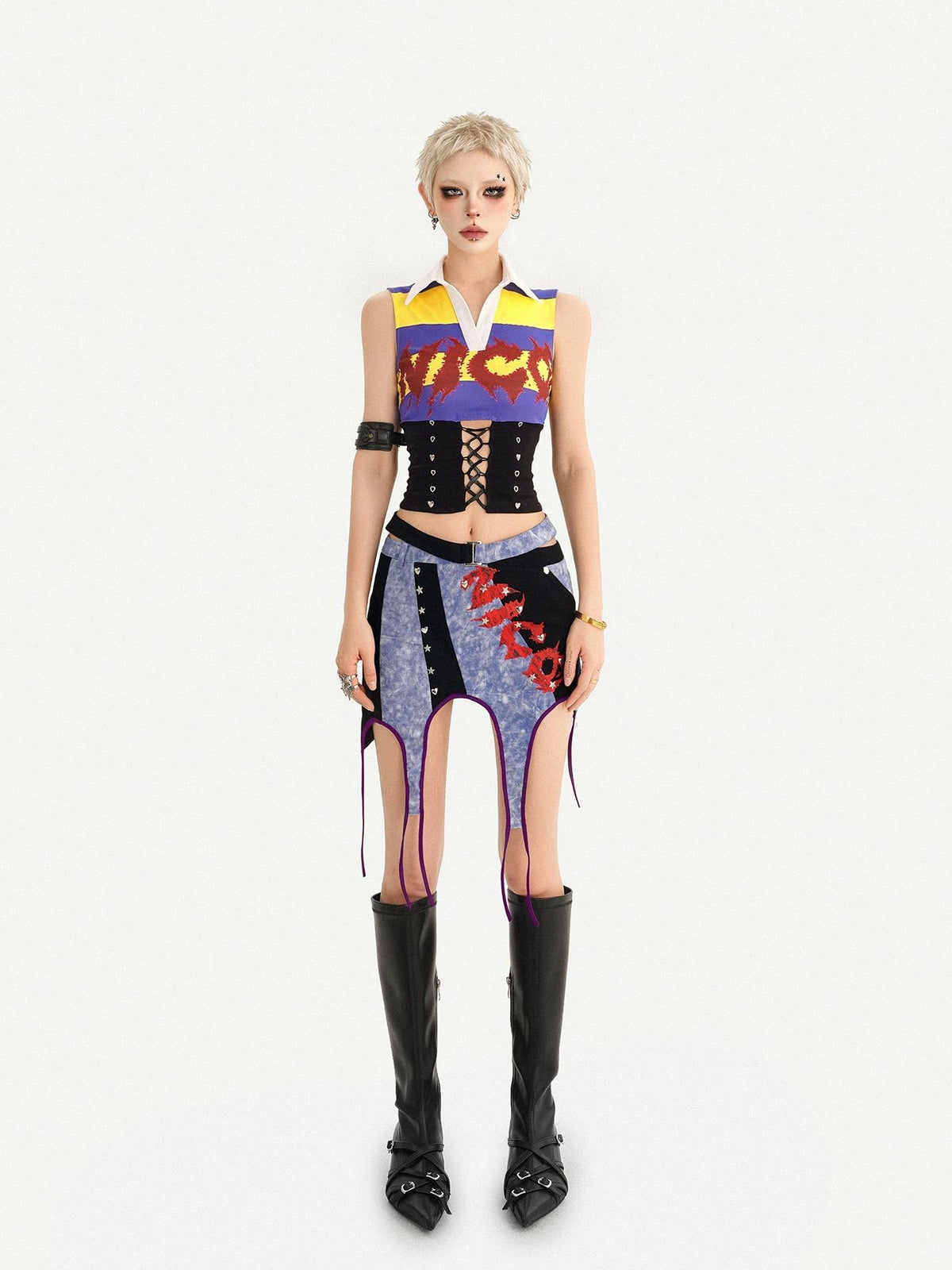 Nico Molly Vintage Plaid Punk Asymmetrical Patchwork Low Waist Women&