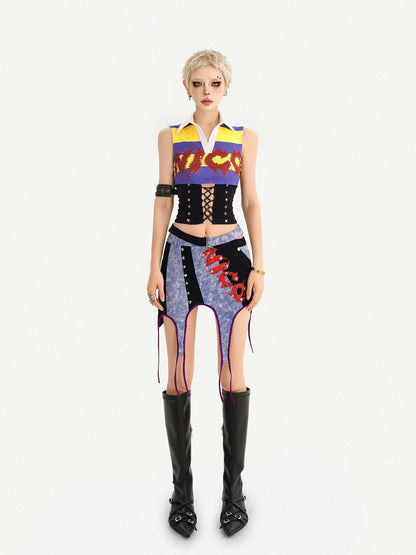 Nico Molly Vintage Plaid Punk Asymmetrical Patchwork Low Waist Women&