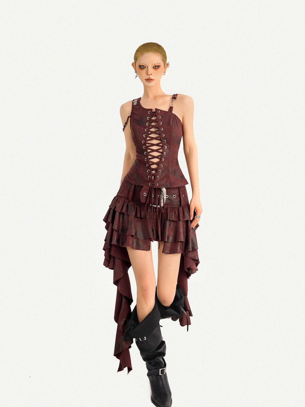 Nico Molly Vintage Punk Asymmetric Belted Layered Ruffle Women&