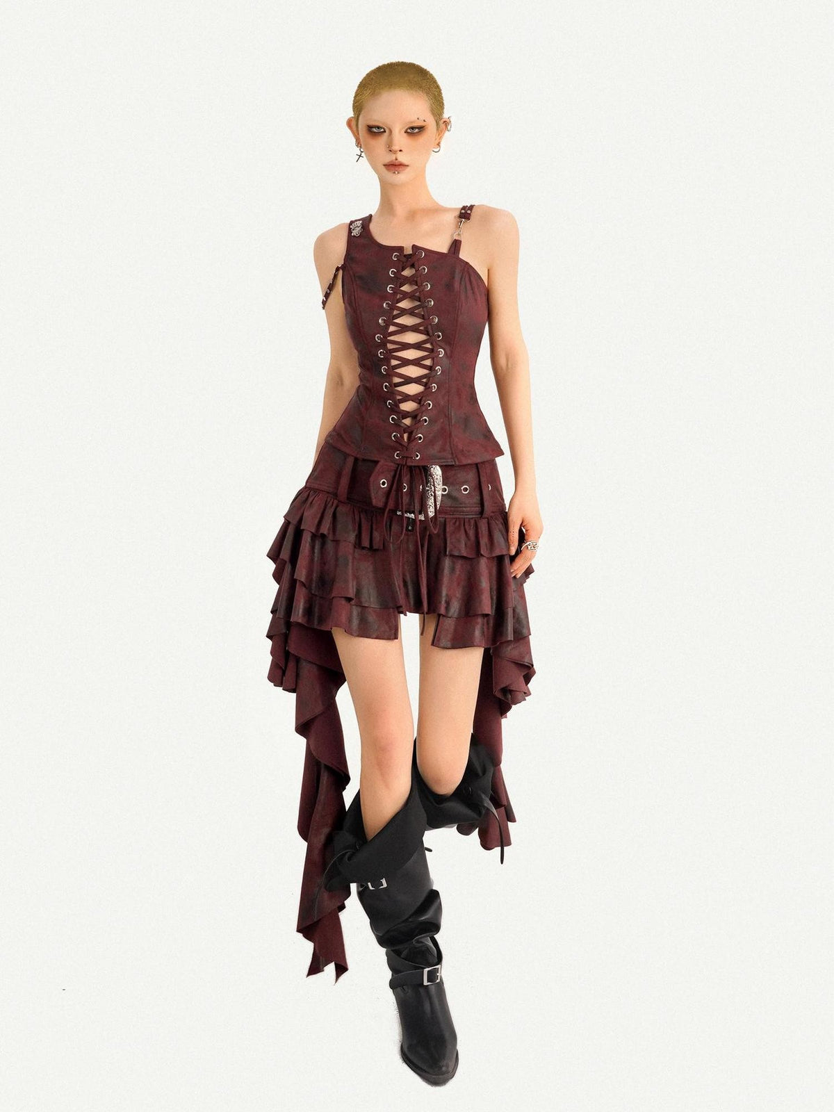 Nico Molly Vintage Punk Asymmetric Belted Layered Ruffle Women&