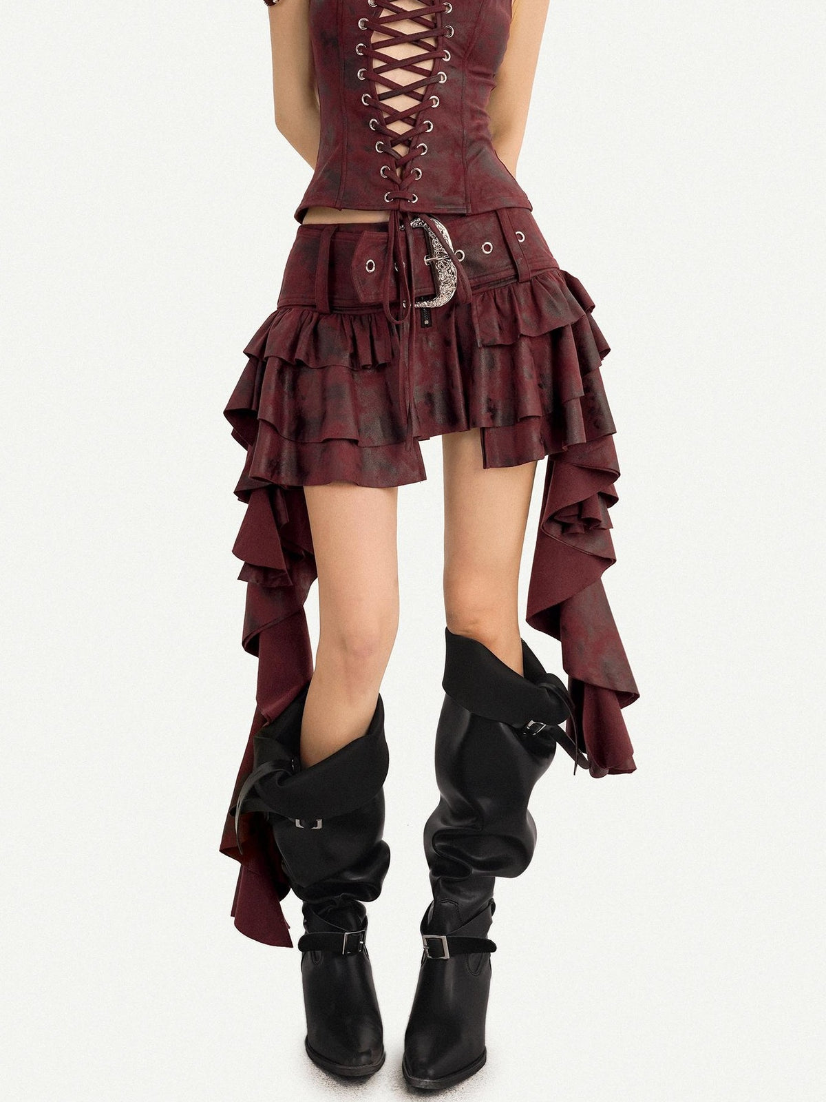 Nico Molly Vintage Punk Asymmetric Belted Layered Ruffle Women&