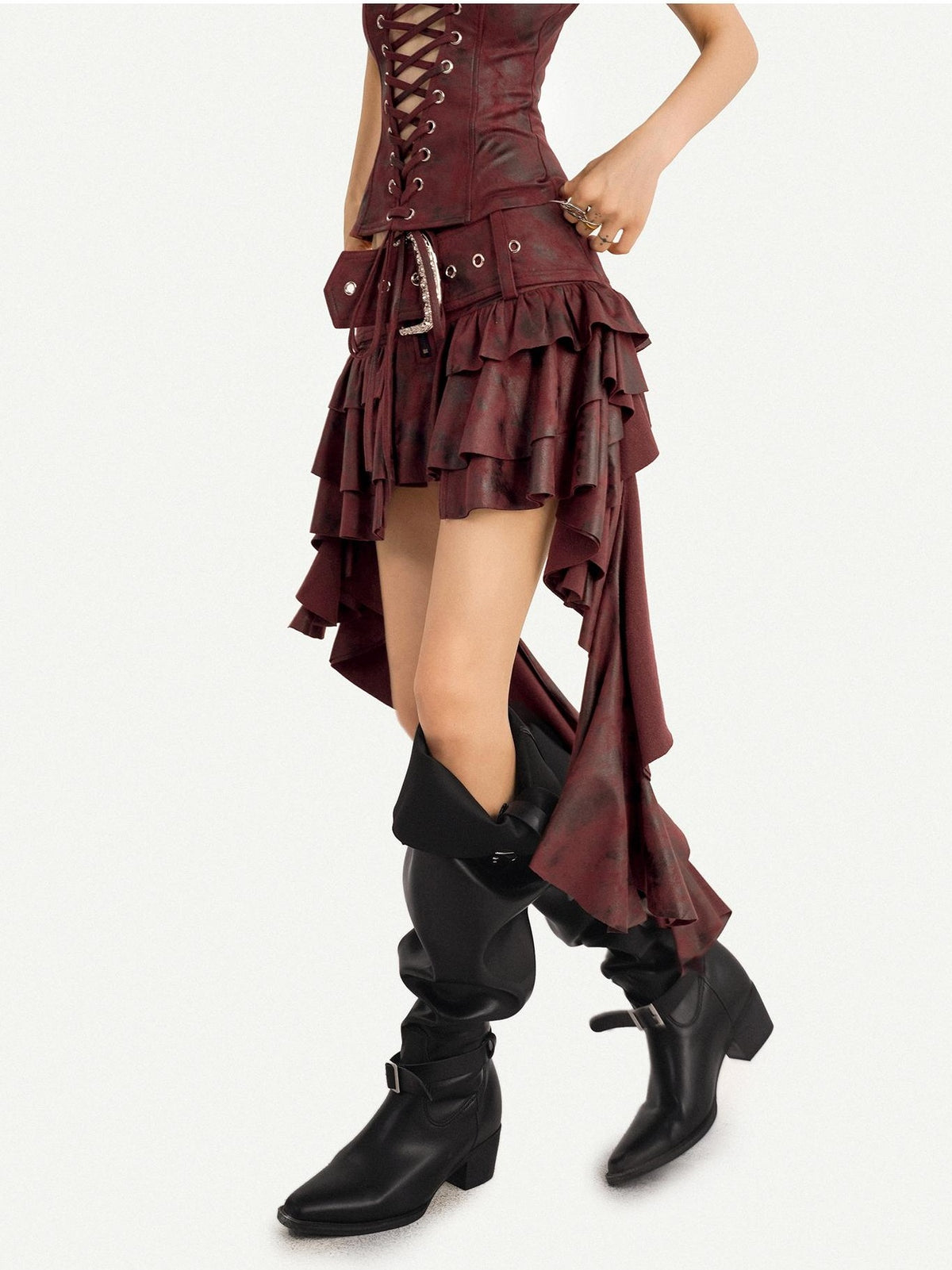 Nico Molly Vintage Punk Asymmetric Belted Layered Ruffle Women&