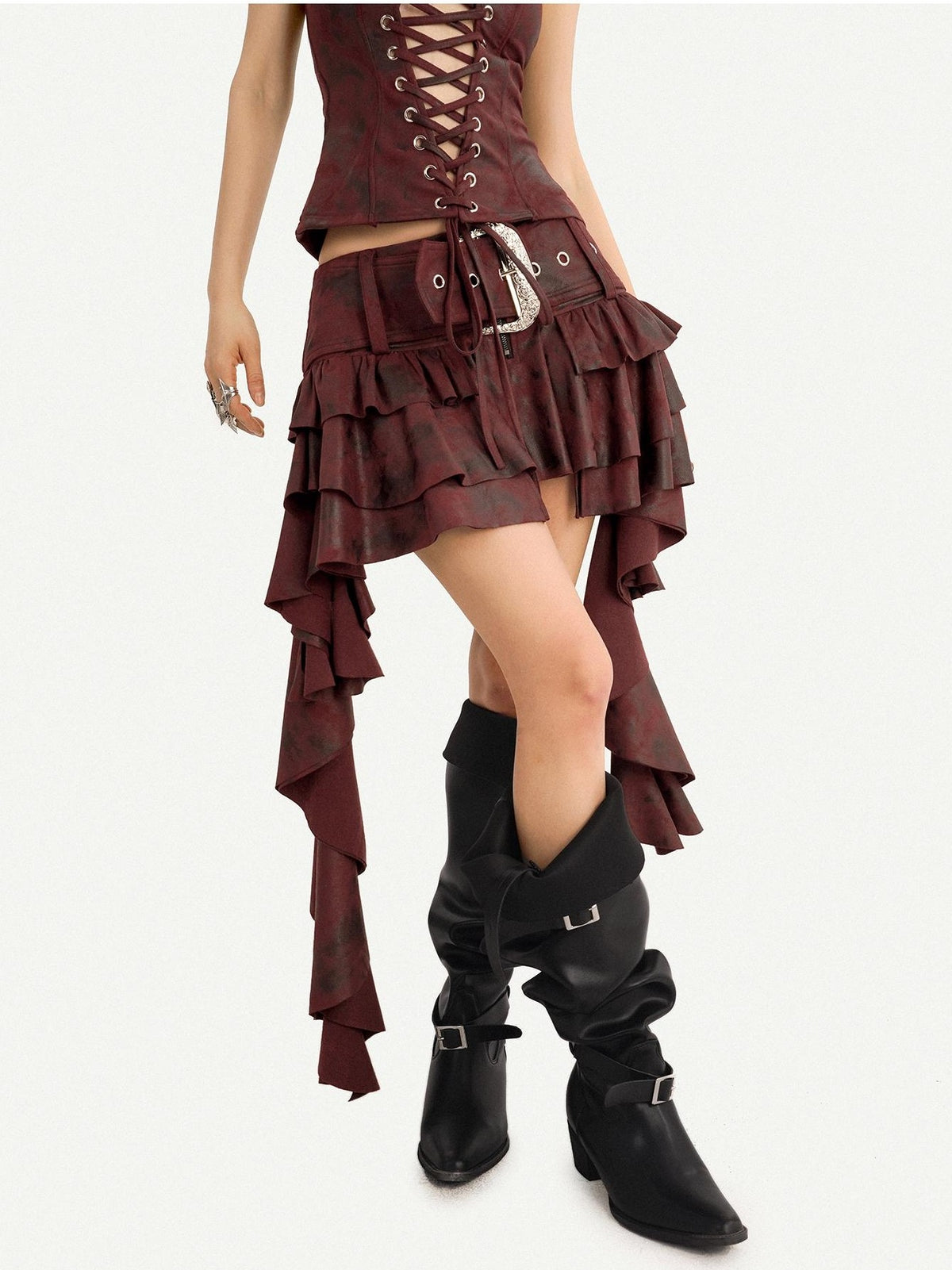 Nico Molly Vintage Punk Asymmetric Belted Layered Ruffle Women&