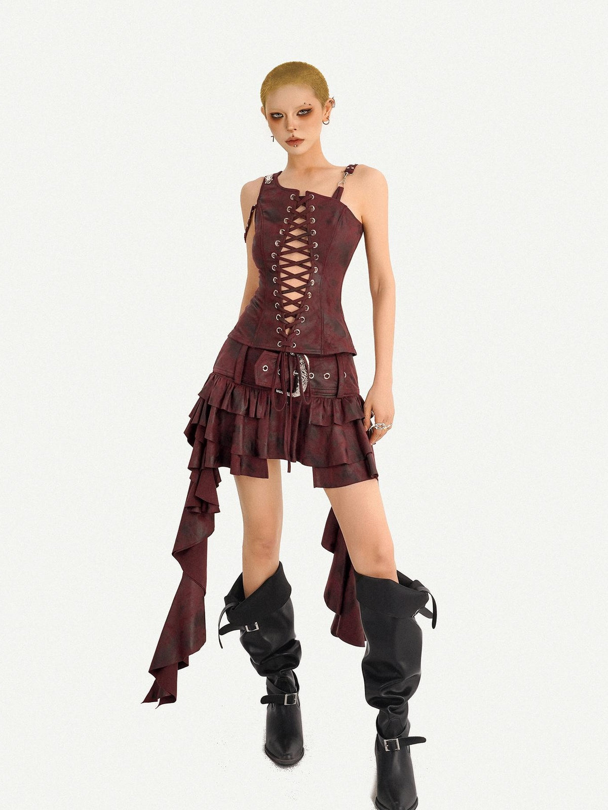 Nico Molly Vintage Punk Asymmetric Belted Layered Ruffle Women&