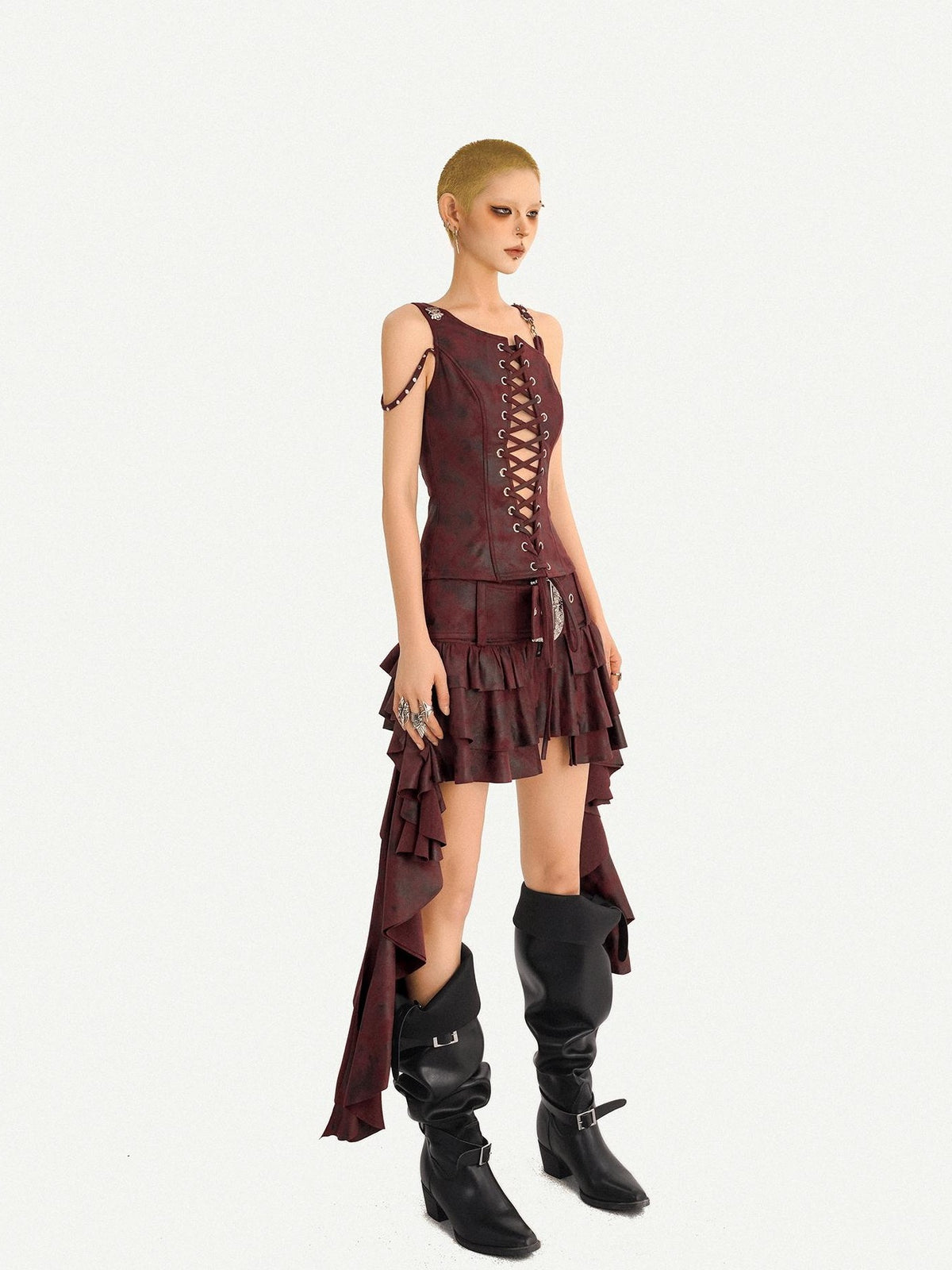 Nico Molly Vintage Punk Asymmetric Belted Layered Ruffle Women&