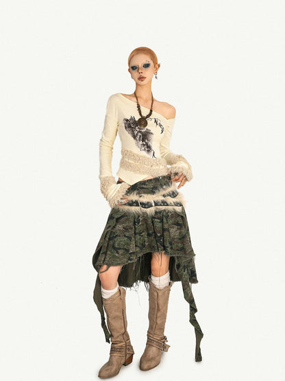 Nico Molly Vintage Punk Fur Patch Slant Neck Slim Print Women&