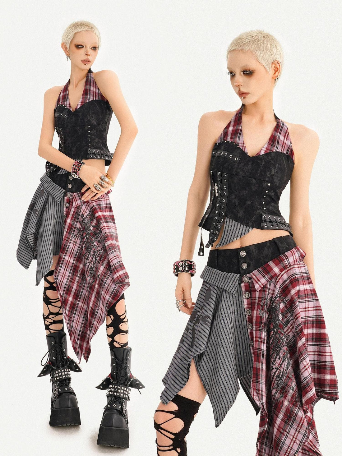 Nico Molly Vintage Punk Patchwork Plaid V-neck High Waist Women&