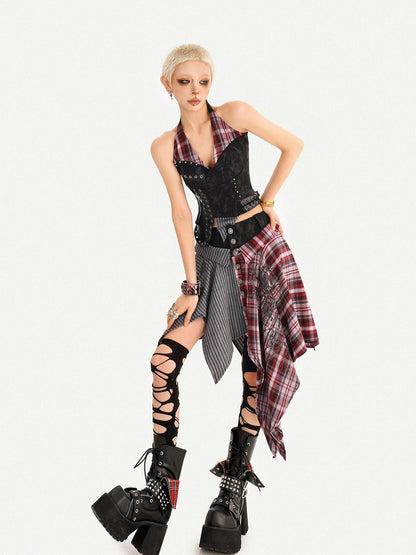 Nico Molly Vintage Punk Patchwork Plaid V-neck High Waist Women&