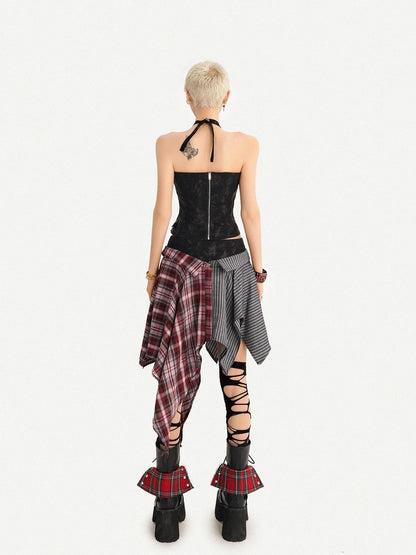 Nico Molly Vintage Punk Patchwork Plaid V-neck High Waist Women&