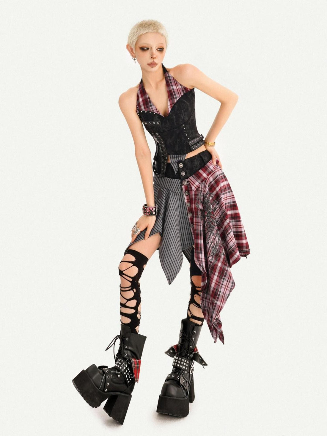 Nico Molly Vintage Punk Patchwork Plaid V-neck High Waist Women&