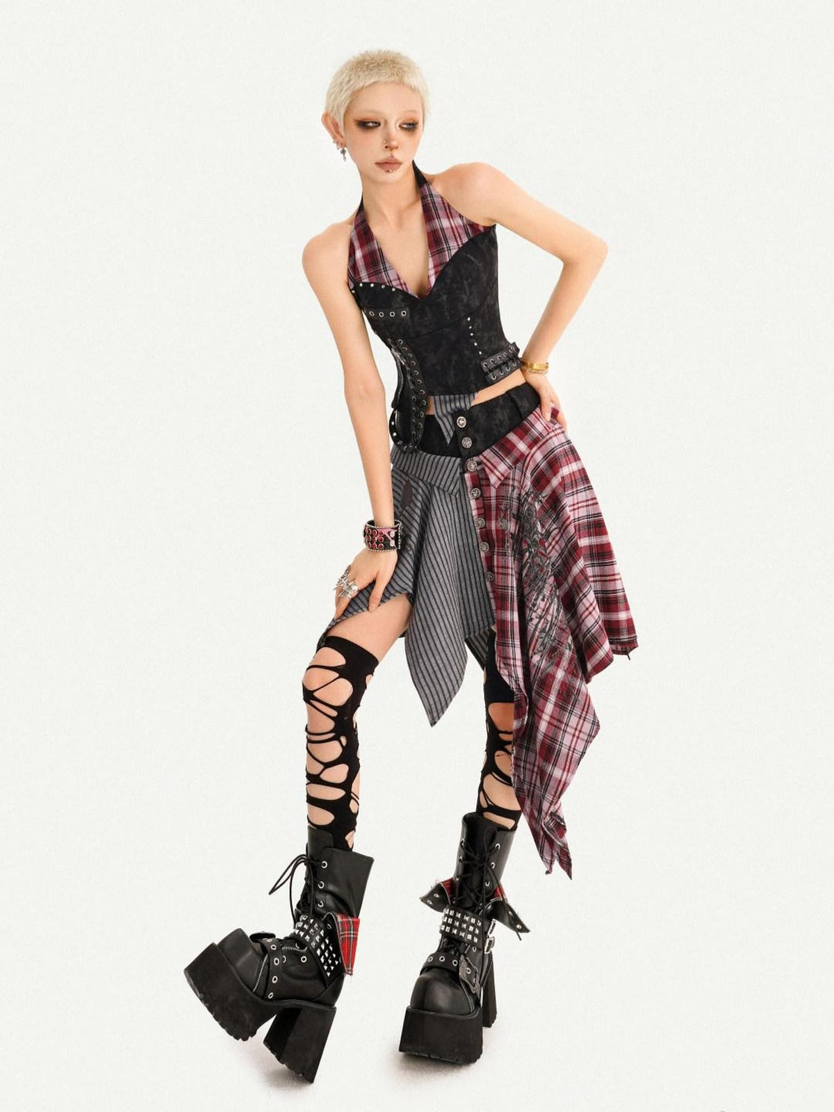 Nico Molly Vintage Punk Patchwork Plaid V-neck High Waist Women&
