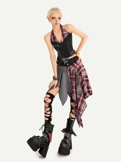 Nico Molly Vintage Punk Patchwork Plaid V-neck High Waist Women&