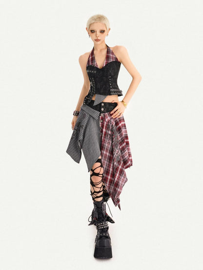 Nico Molly Vintage Punk Patchwork Plaid V-neck High Waist Women&