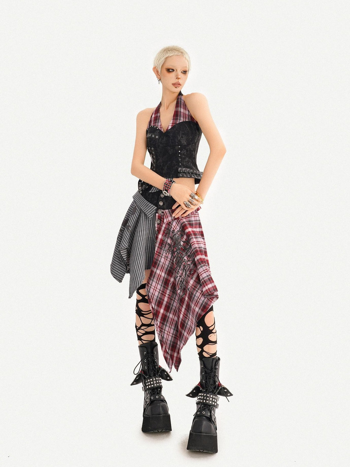 Nico Molly Vintage Punk Patchwork Plaid V-neck High Waist Women&