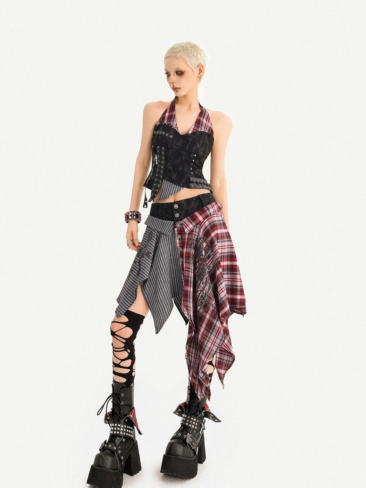 Nico Molly Vintage Punk Patchwork Plaid V-neck High Waist Women&