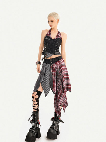 Nico Molly Vintage Punk Patchwork Plaid V-neck High Waist Women&