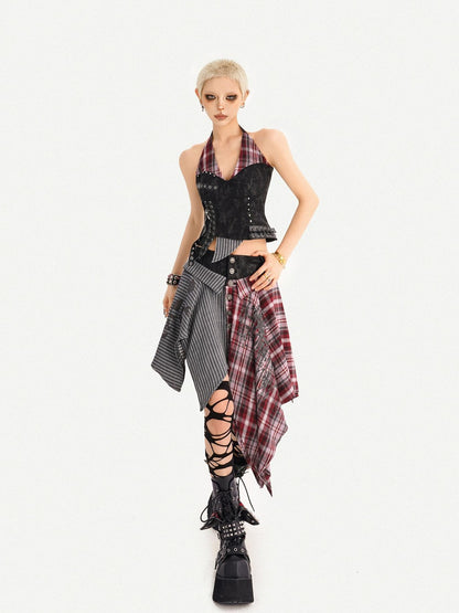 Nico Molly Vintage Punk Patchwork Plaid V-neck High Waist Women&