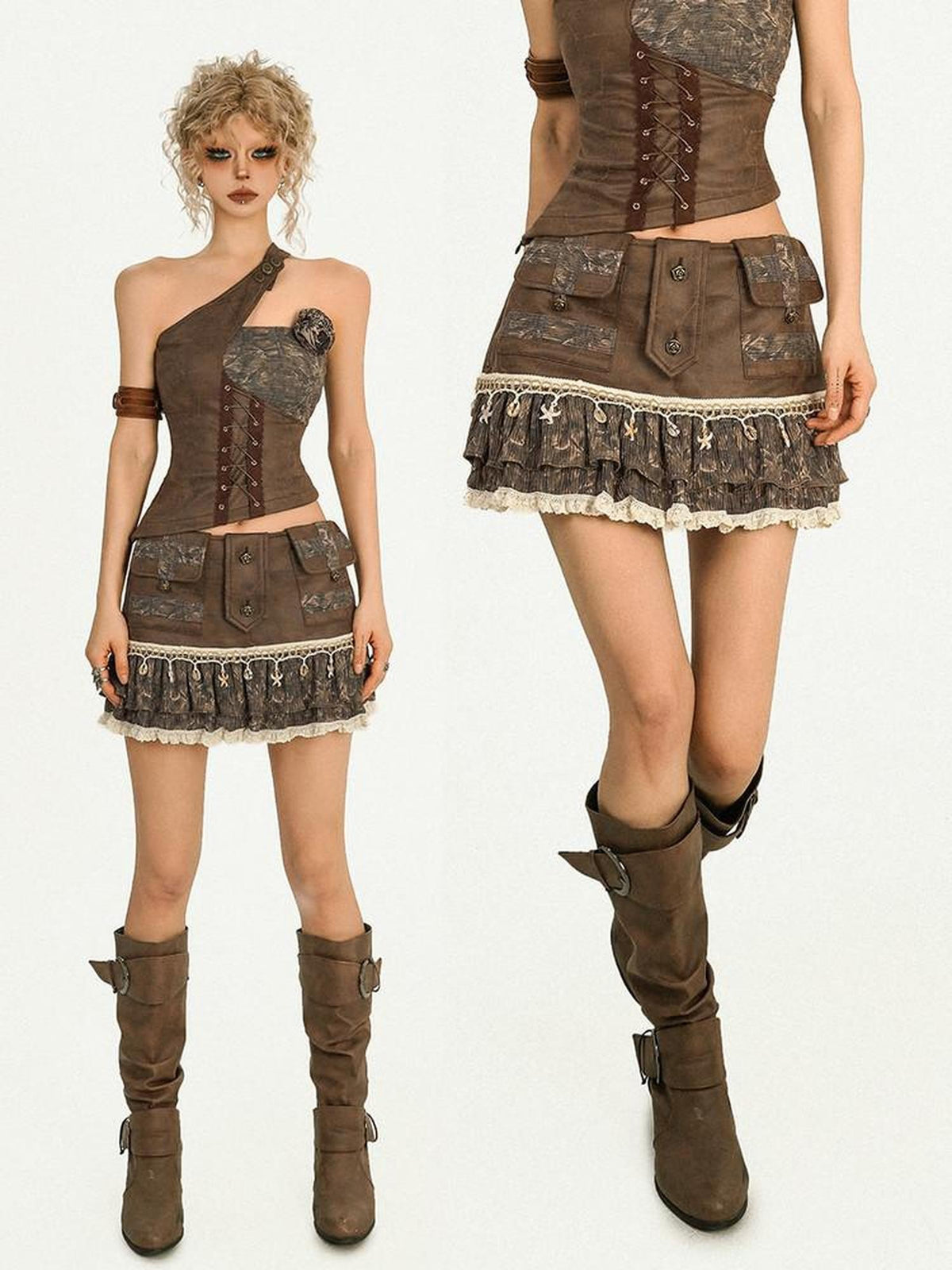 Nico Molly Vintage Punk Pleated Lace Patchwork Women&