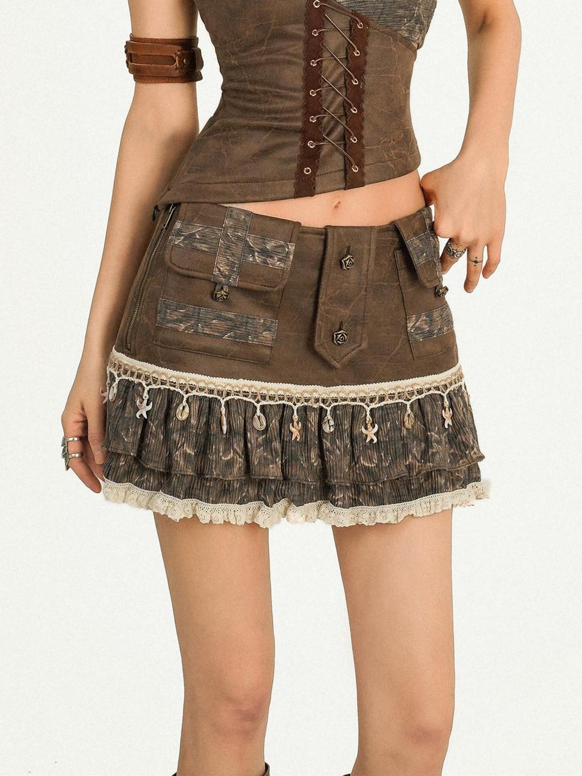 Nico Molly Vintage Punk Pleated Lace Patchwork Women&