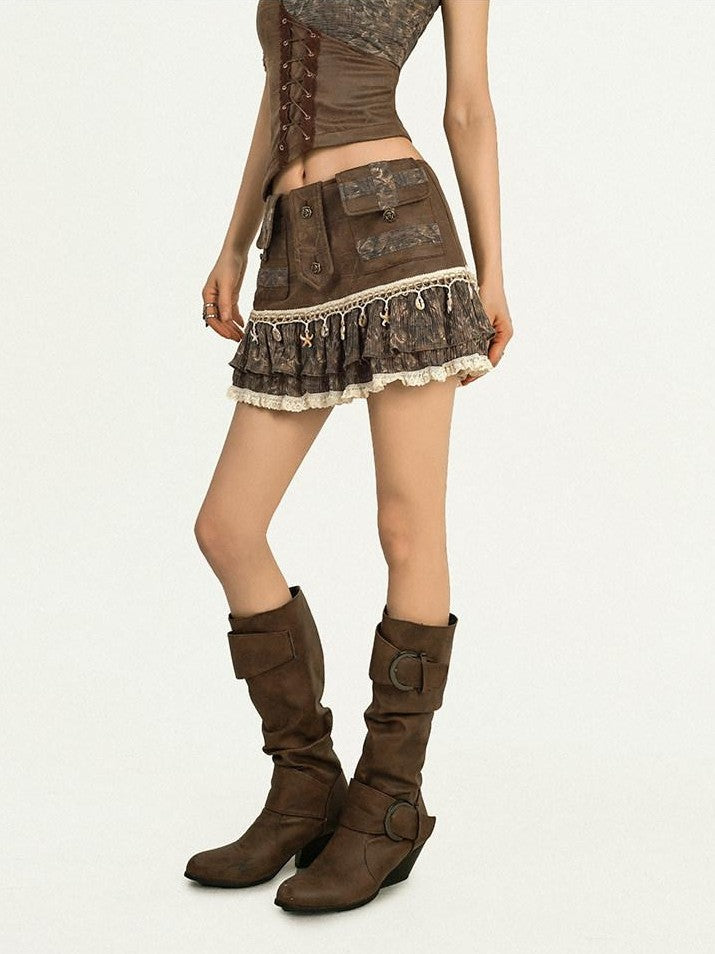 Nico Molly Vintage Punk Pleated Lace Patchwork Women&