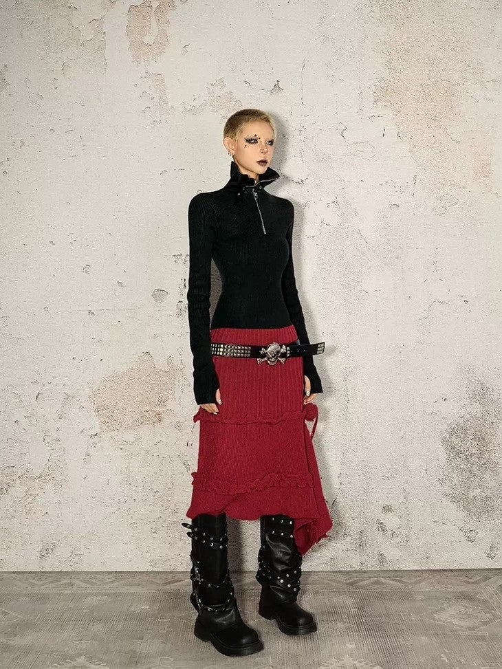 Nico Molly Vintage Red Irregular Hem Side Slit A Line Women&