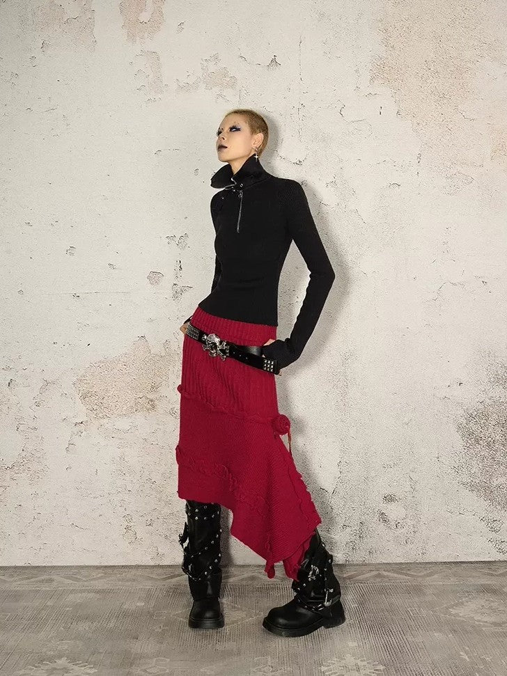 Nico Molly Vintage Red Irregular Hem Side Slit A Line Women&