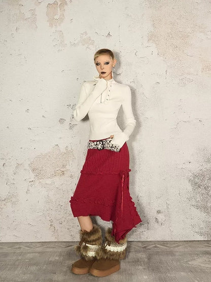 Nico Molly Vintage Red Irregular Hem Side Slit A Line Women&