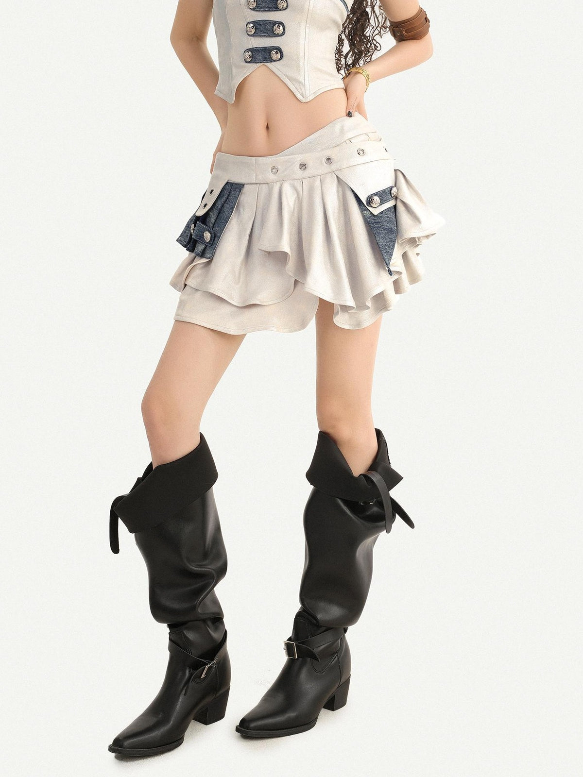 Nico Molly Vintage Ruffle A Line Low Waist Side Zipper Women&