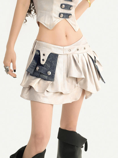 Nico Molly Vintage Ruffle A Line Low Waist Side Zipper Women&