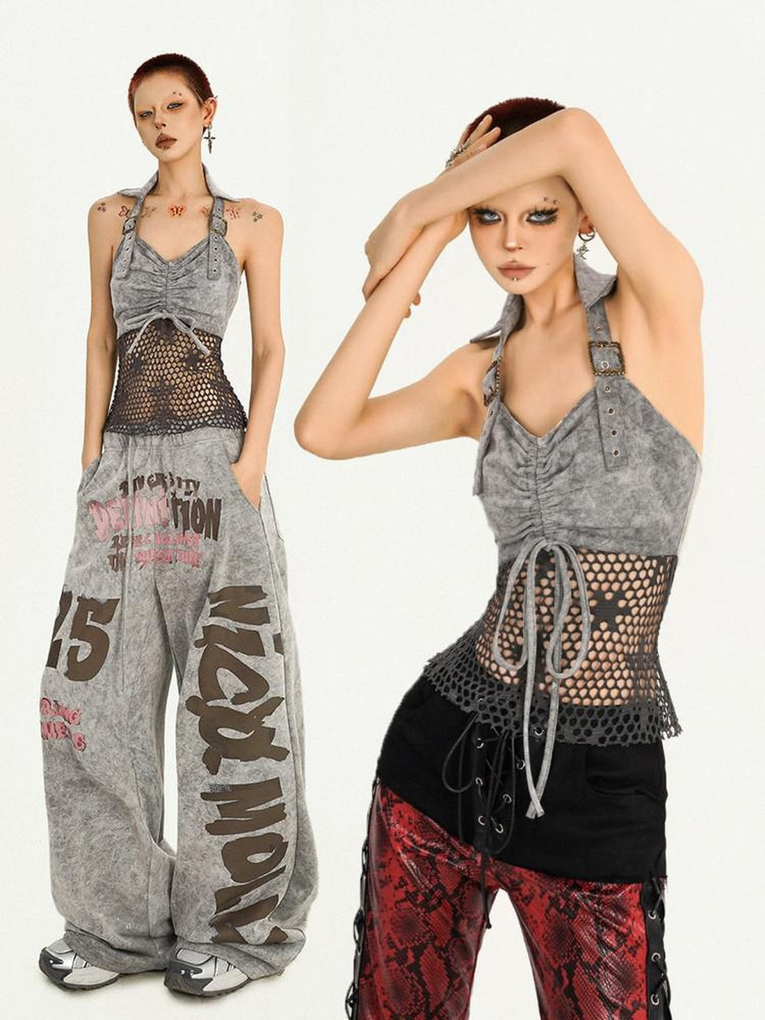 Nico Molly Vintage Spliced Mesh Drawstring Open Back Slim Fit Women&