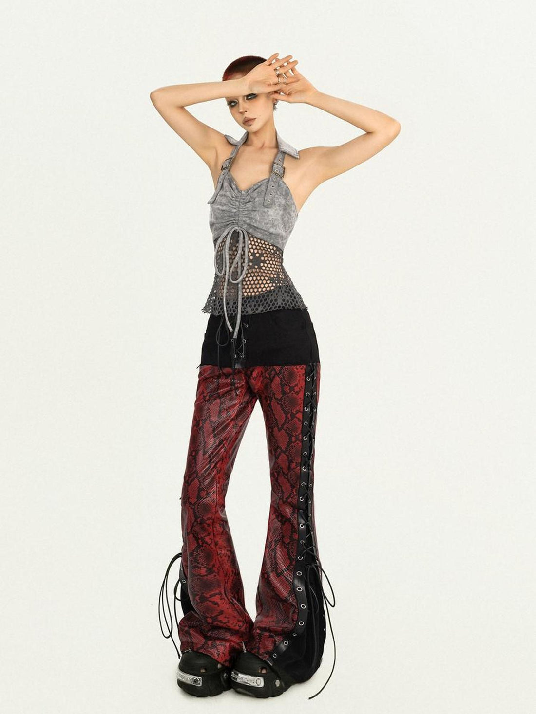 Nico Molly Vintage Spliced Mesh Drawstring Open Back Slim Fit Women&