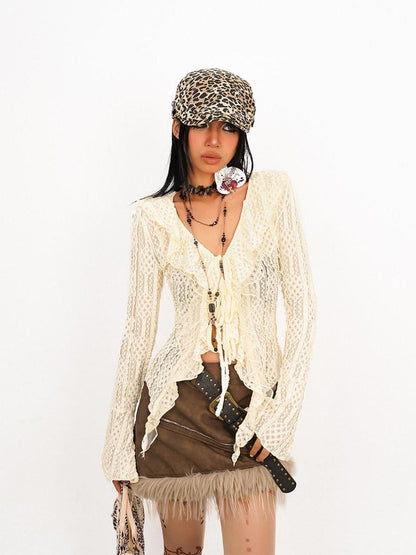 Nico Molly Vintage Tie Vneck Openwork Ruffle Bell Sleeve Women&
