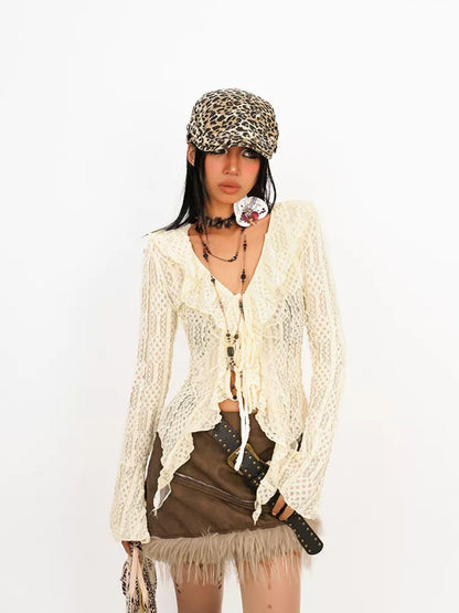 Nico Molly Vintage Tie Vneck Openwork Ruffle Bell Sleeve Women&