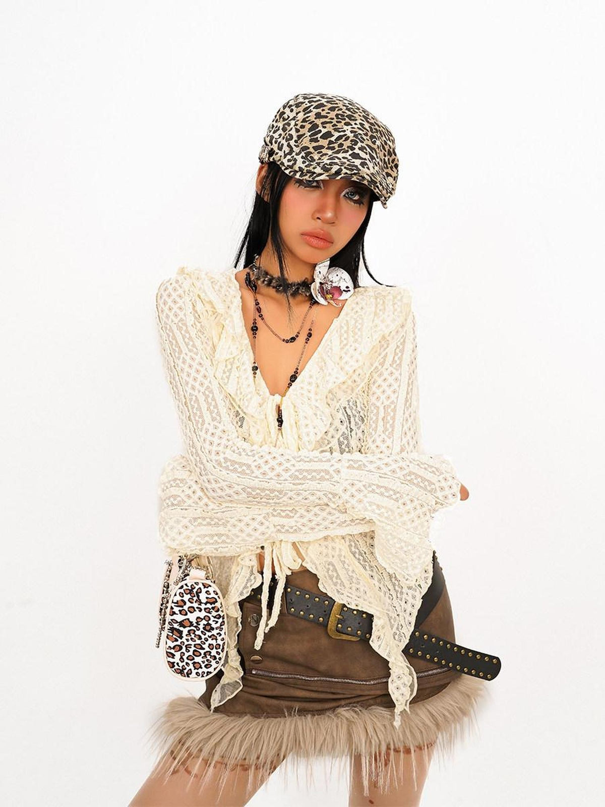 Nico Molly Vintage Tie Vneck Openwork Ruffle Bell Sleeve Women&