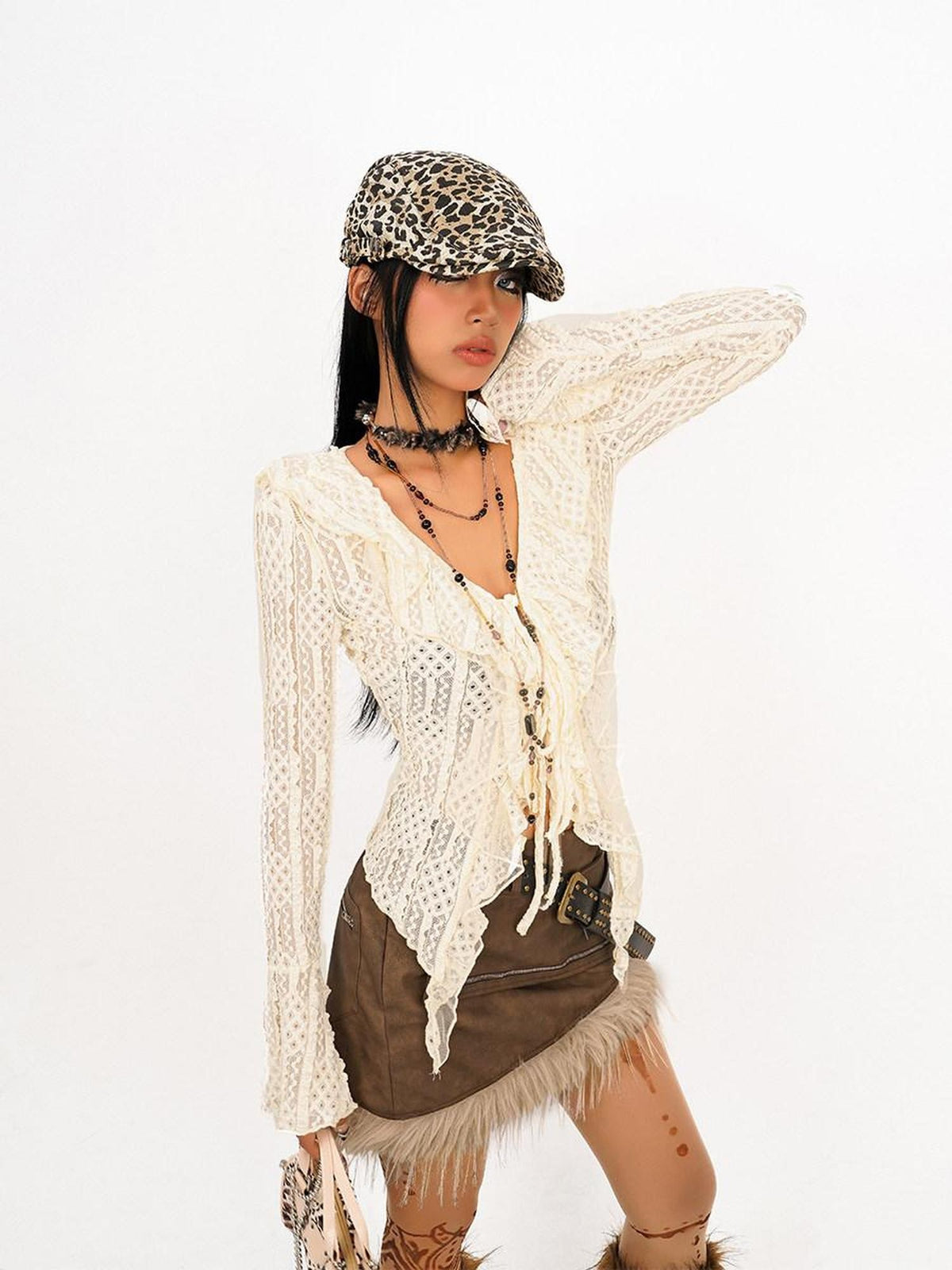 Nico Molly Vintage Tie Vneck Openwork Ruffle Bell Sleeve Women&