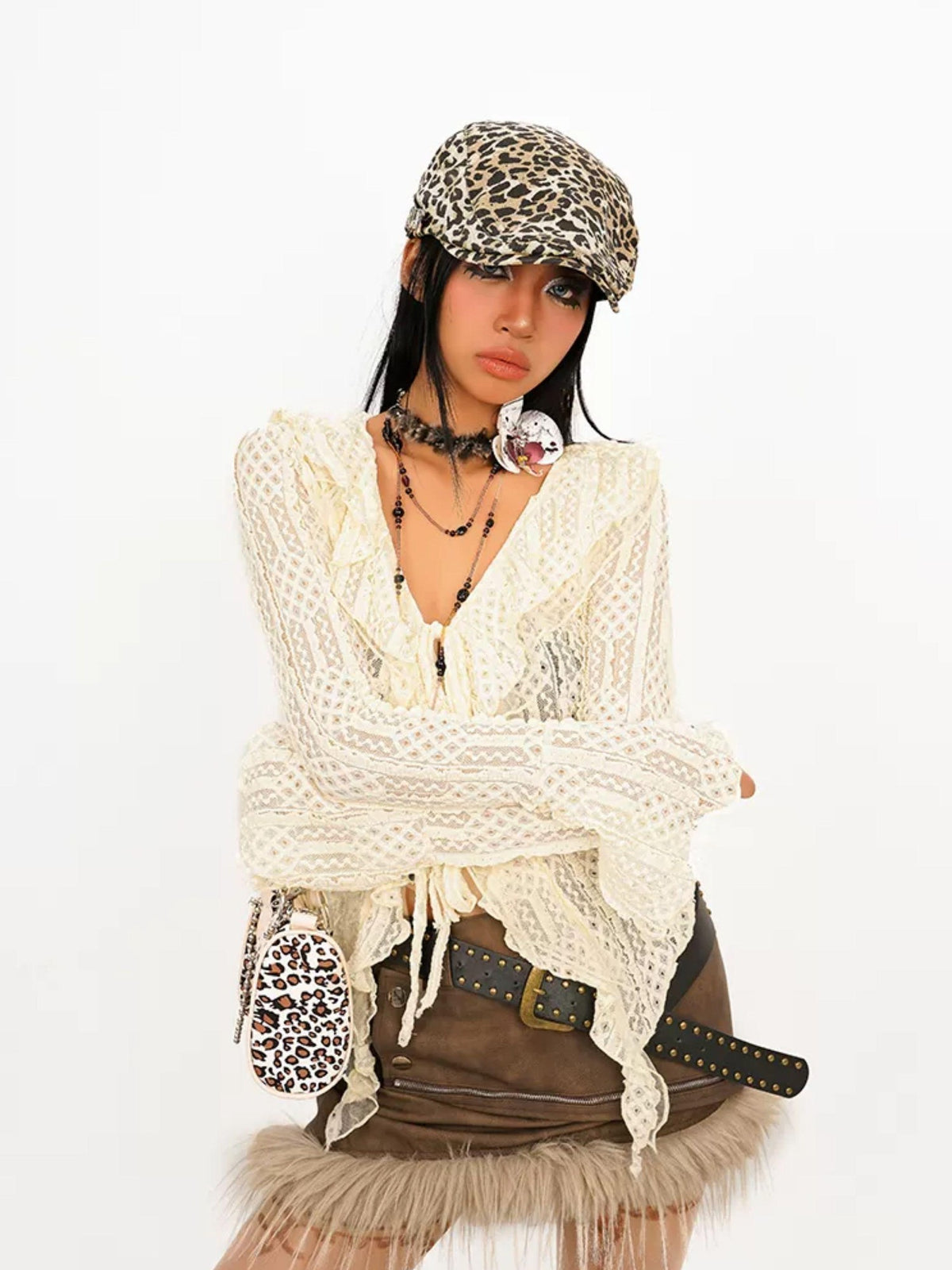 Nico Molly Vintage Tie Vneck Openwork Ruffle Bell Sleeve Women&
