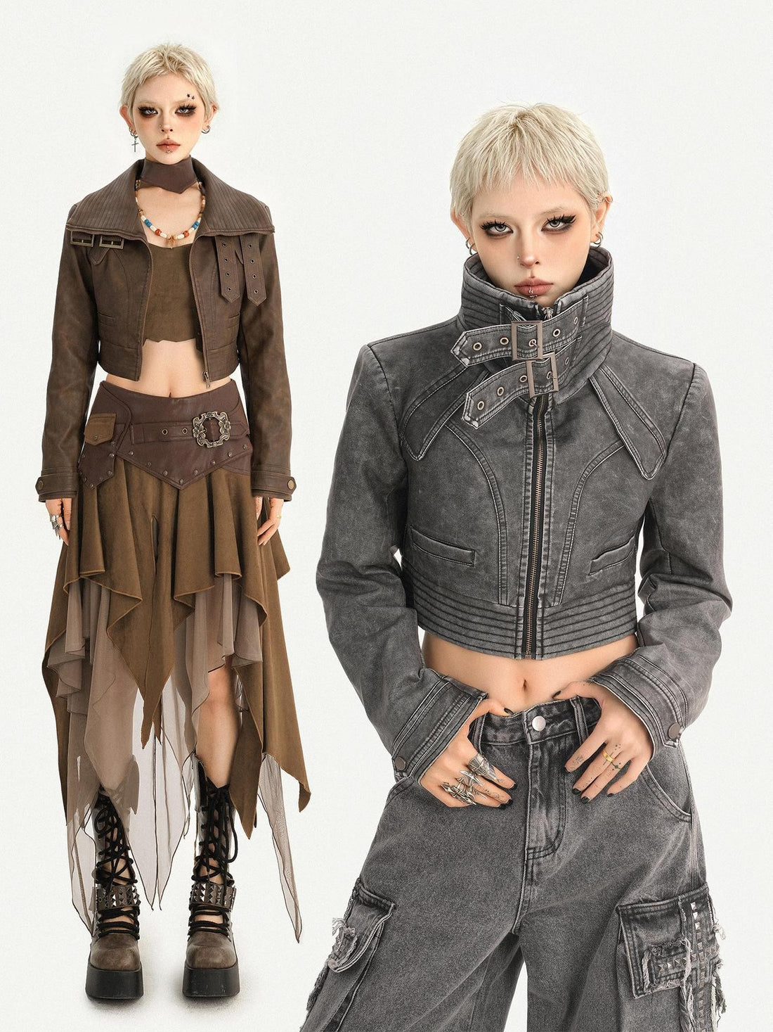 Nico Molly Vintage Washed Stand Collar Zipper Short Slim Women&